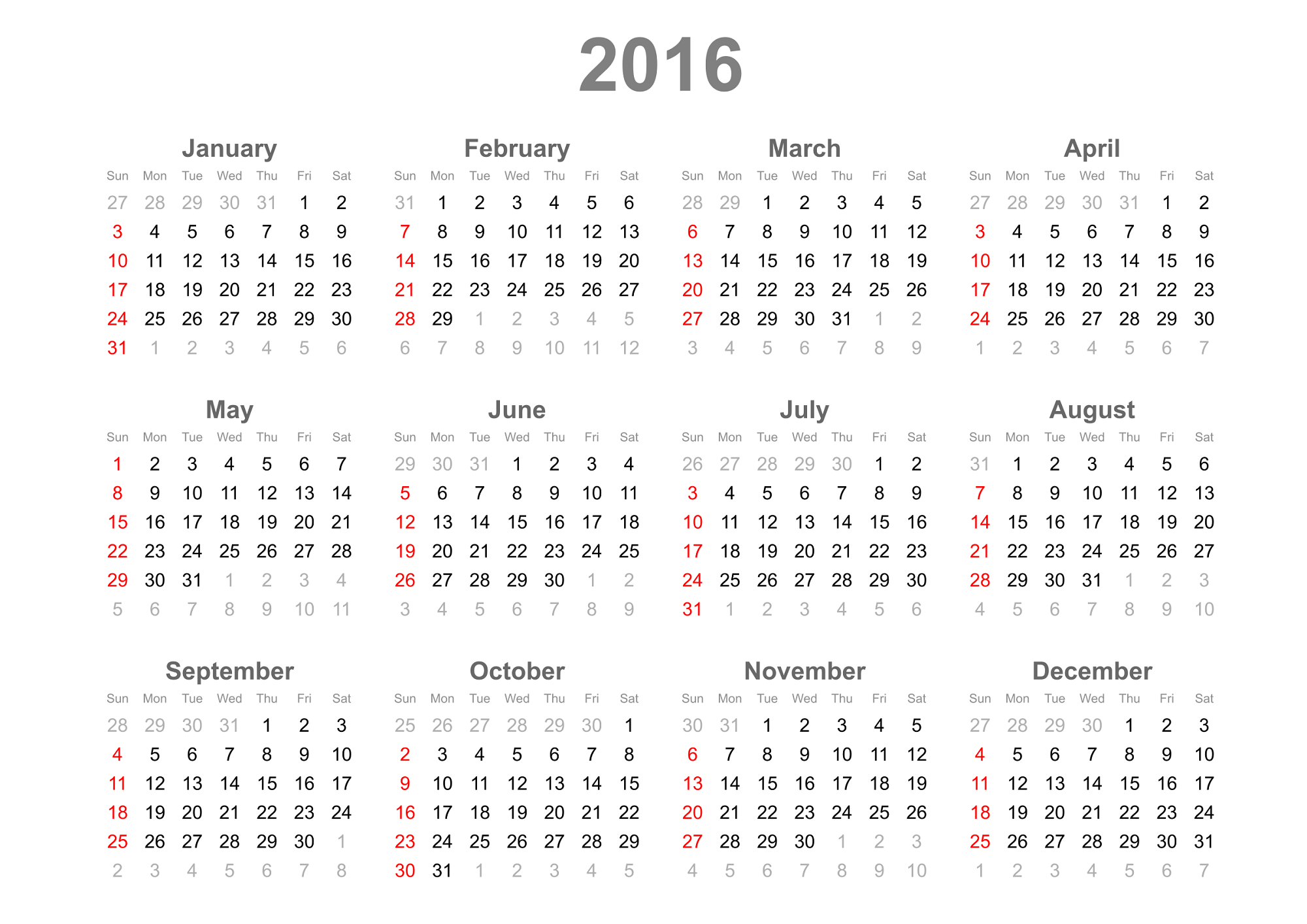 2016 Monthly Calendar Template 16 Free Printable Temp