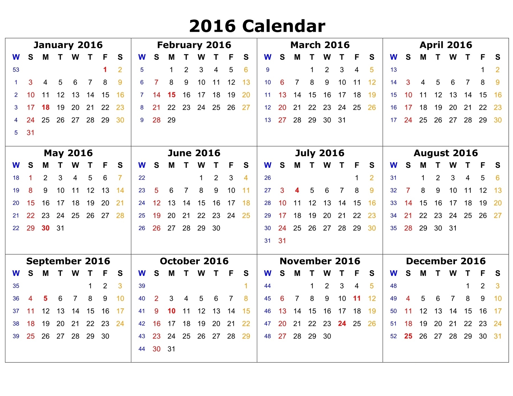 calendar 2016 white