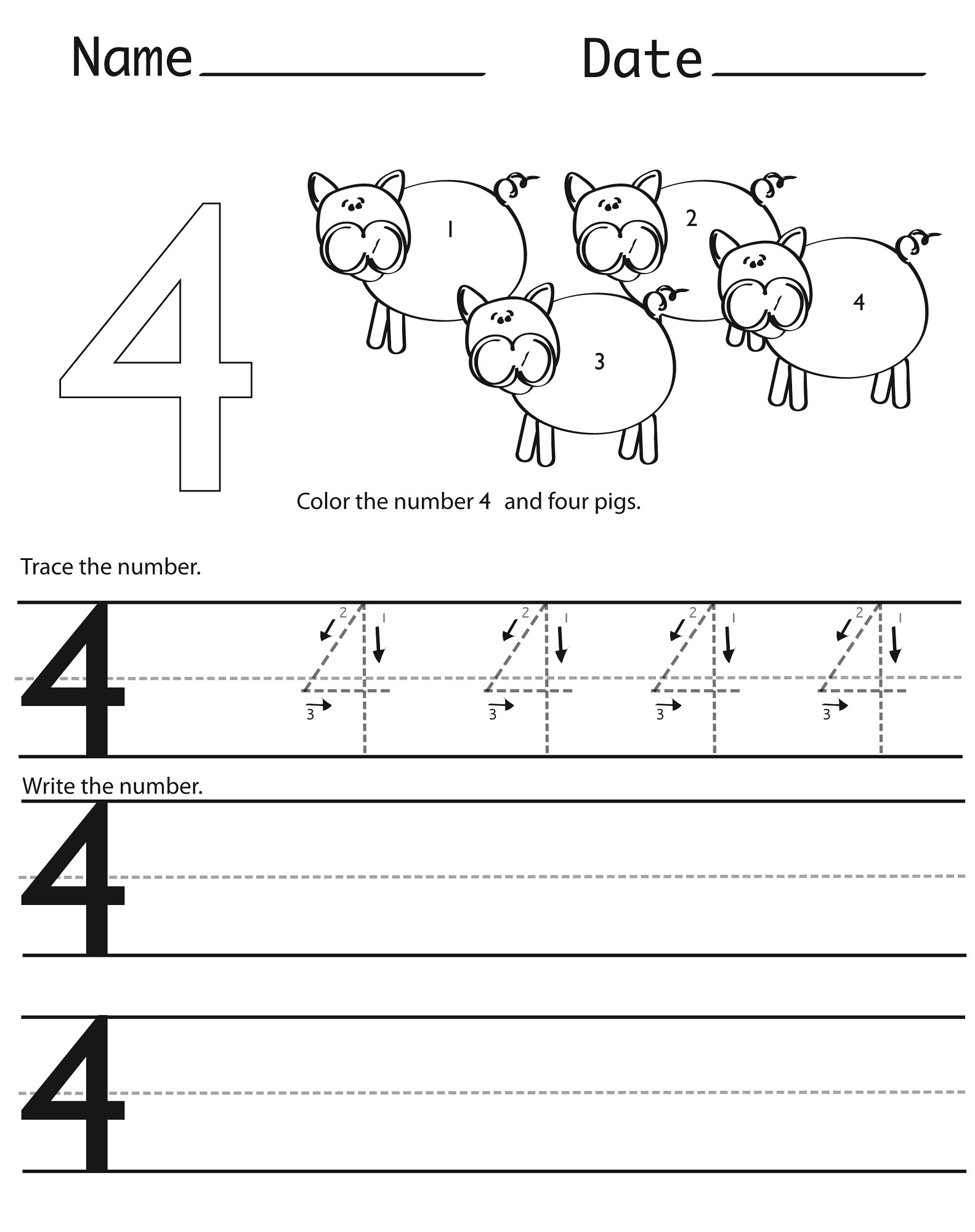number 4 worksheets writing