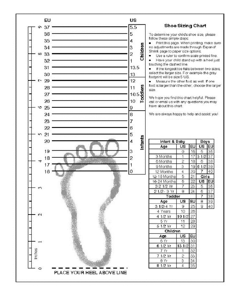 Printable Men Shoe Size Chart Templates