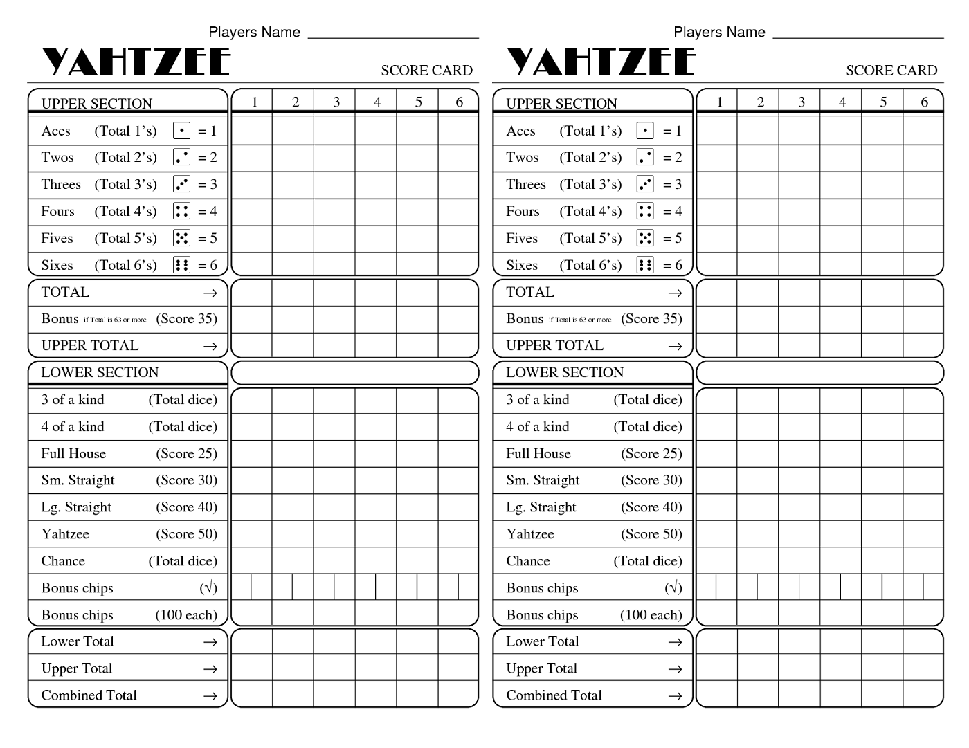 Yahtzee Score Sheet Printable Free