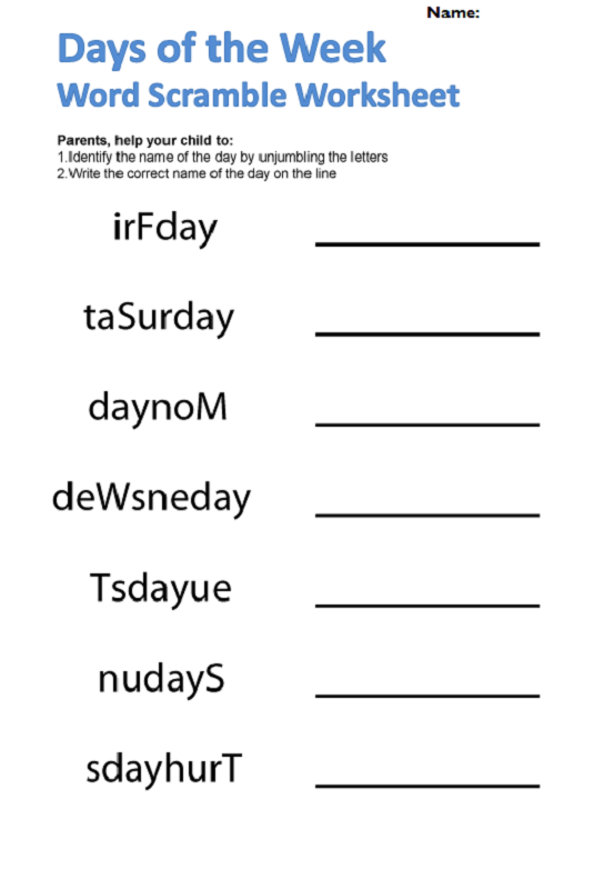 Days of the Week Worksheets Scramble