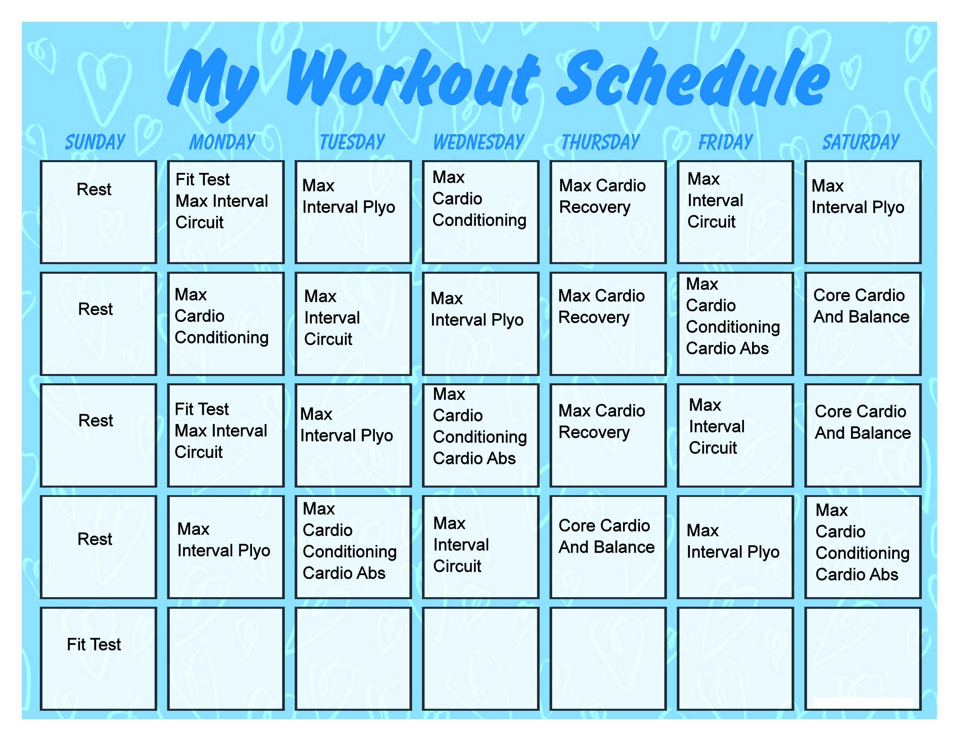 Printable Workout Calendar Activity