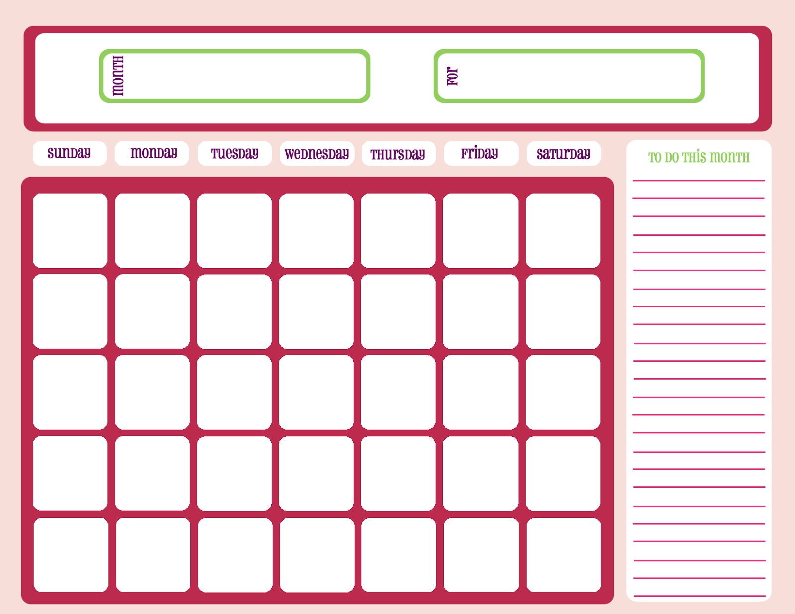 Blank Bill Calendar Printable Colorful Calendar Template Printable Free 23106