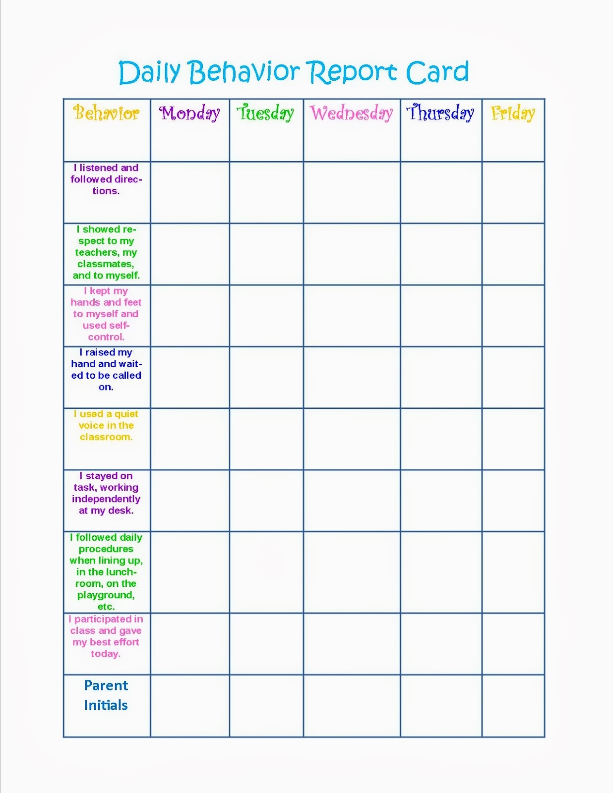 Free Printable School Behavior Charts