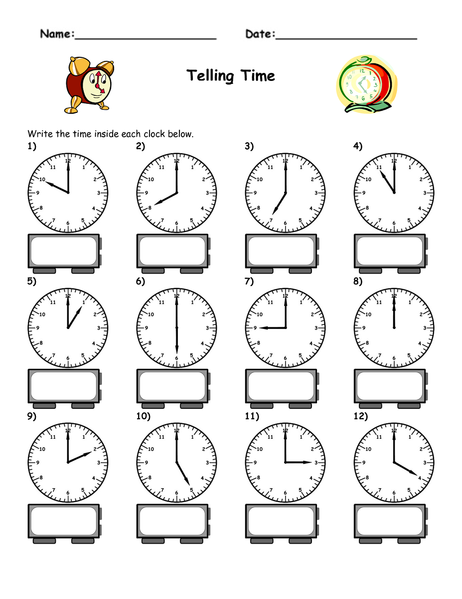 Free Printable Clocks Worksheets