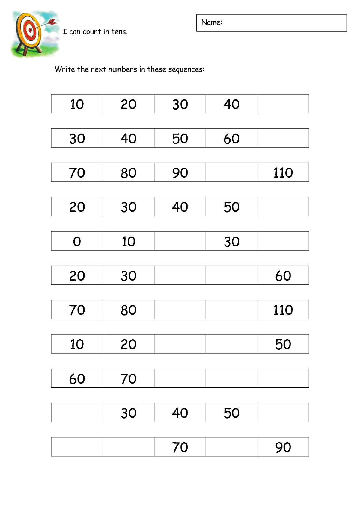 count by 10s worksheet for kids