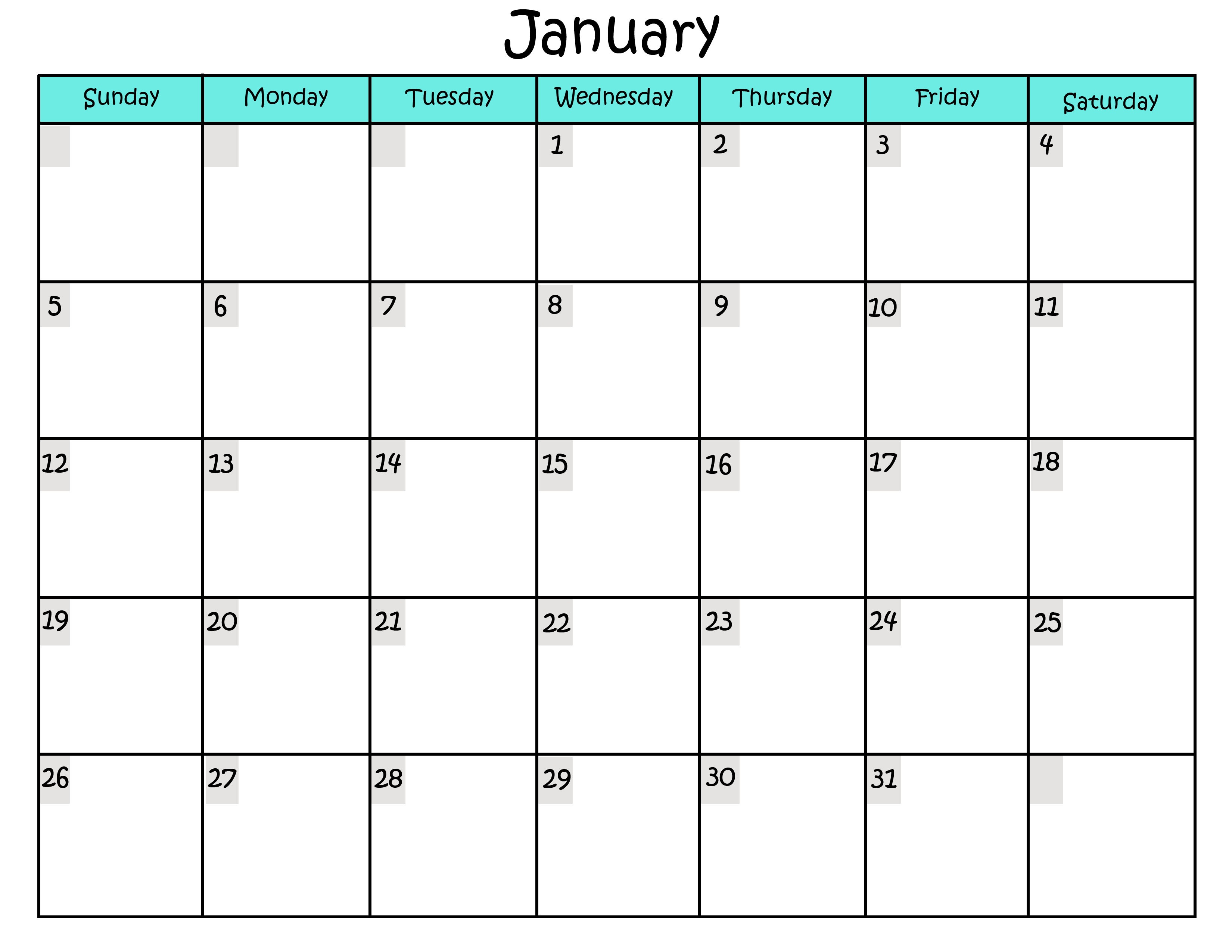 sample calendar january