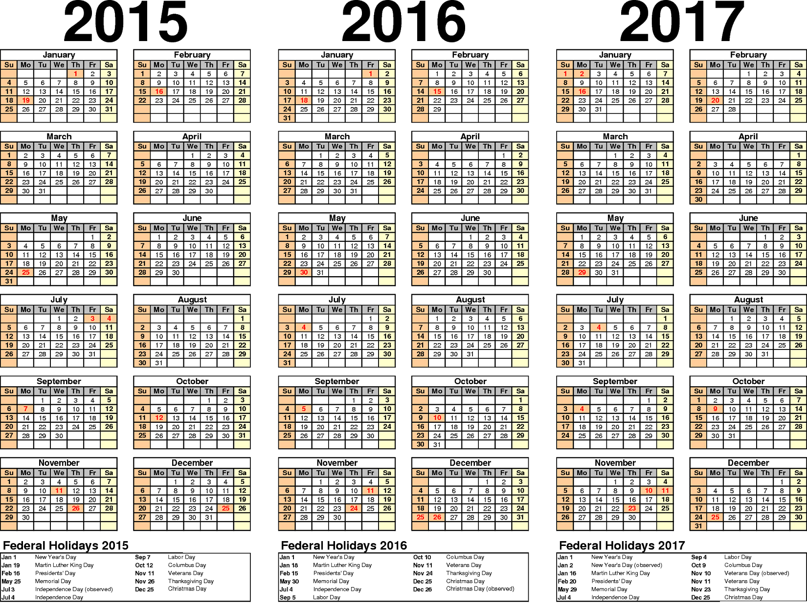 2016 Yearly Calendar With Holidays 2015 2017