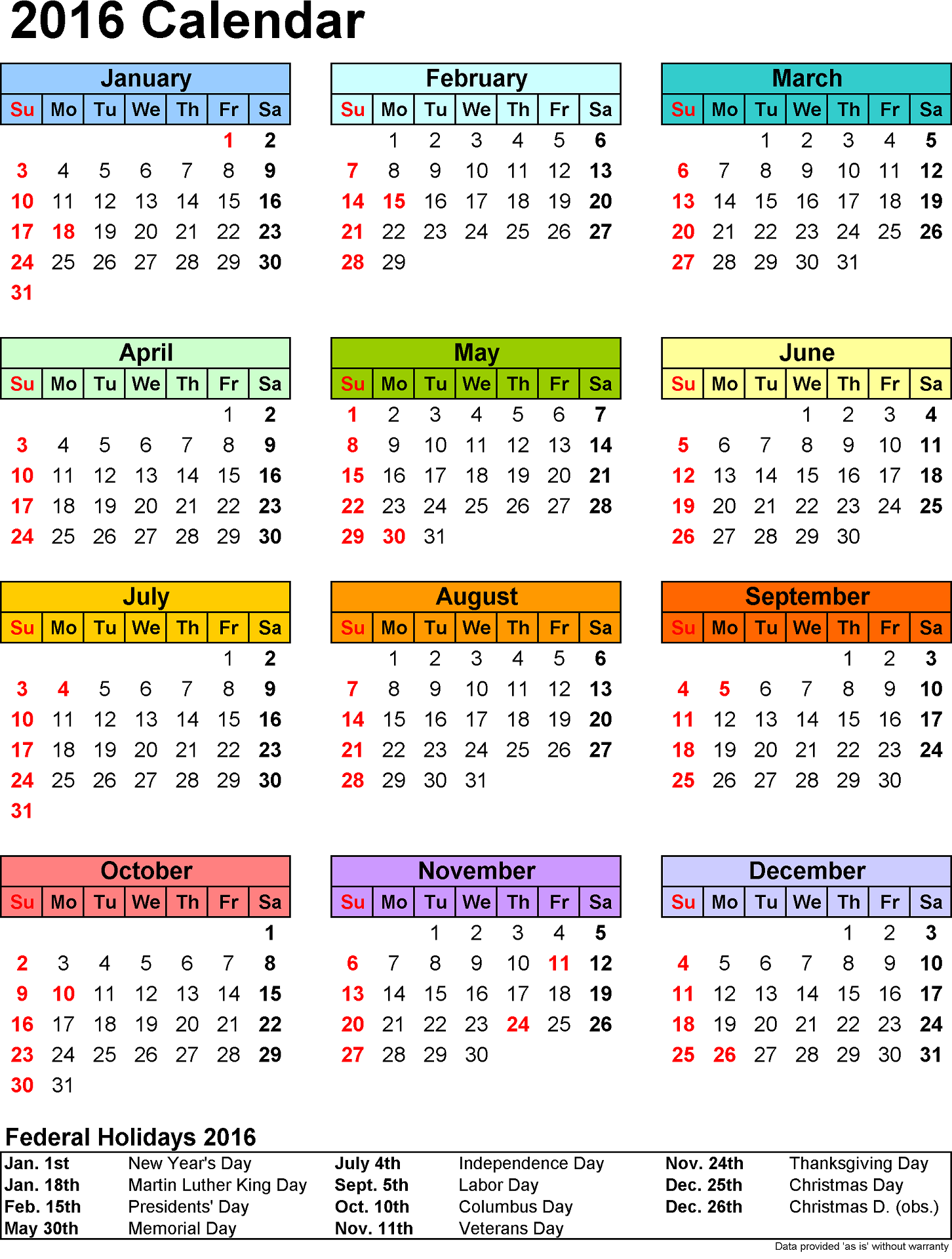 2016 yearly calendars with holidays activity shelter