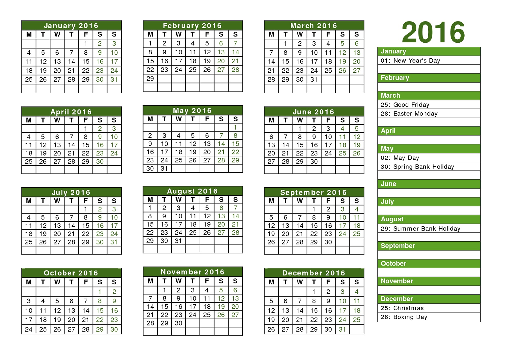 2016 Yearly Calendar With Holidays one page