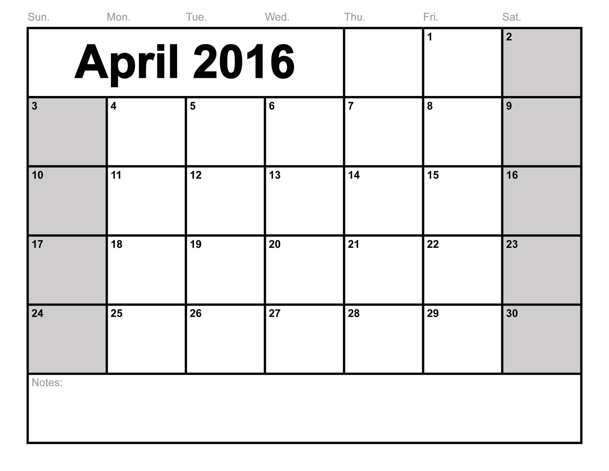 2016 monthly calendar printable april