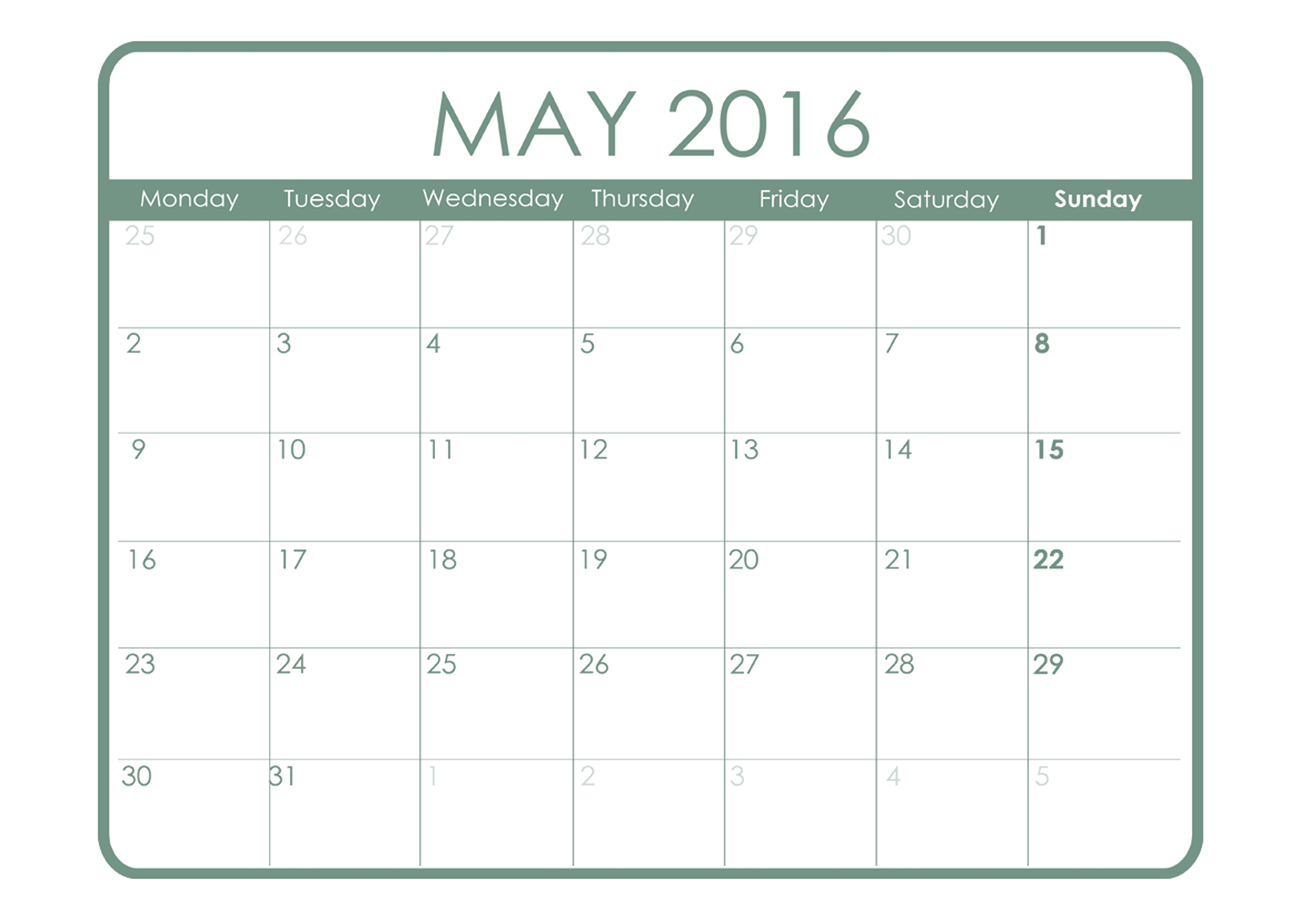 2016 monthly calendar printable may