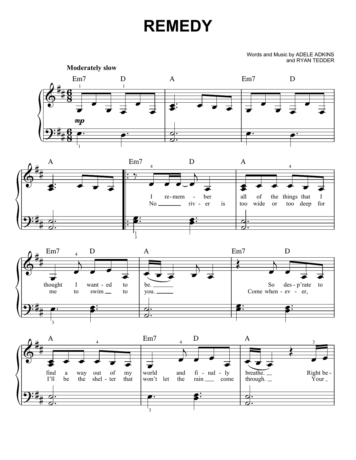 adele piano sheet music remedy
