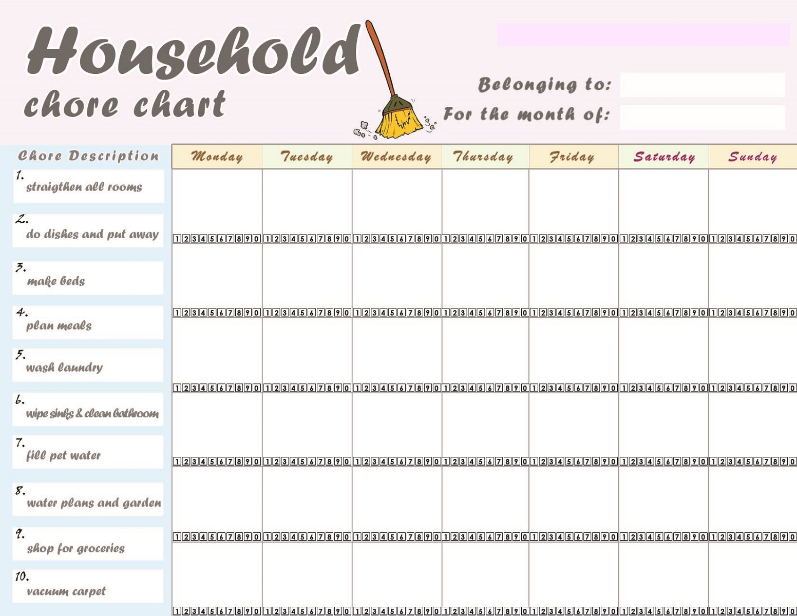 free printable chore charts household