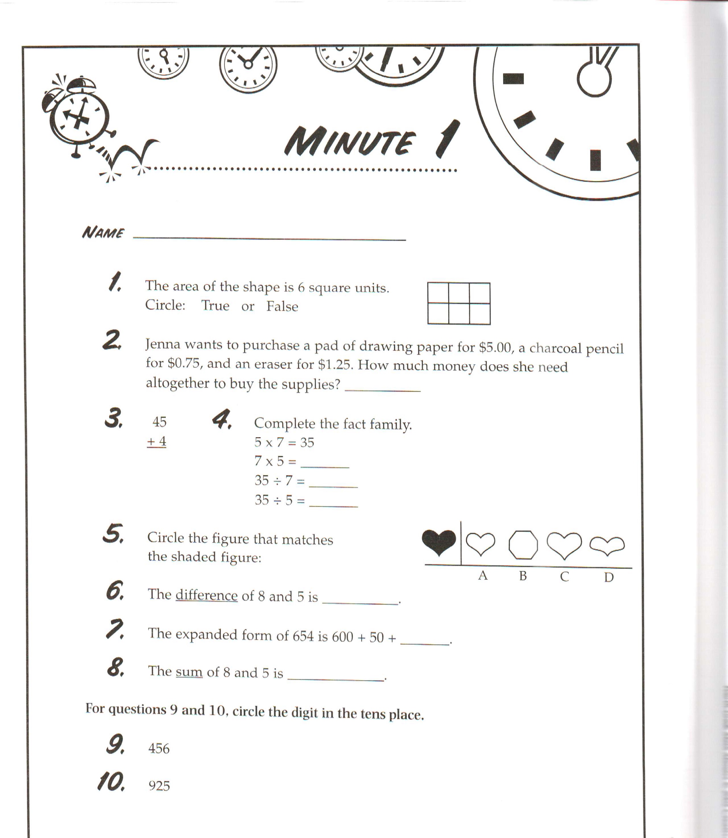 math worksheets for grade 1 exercise