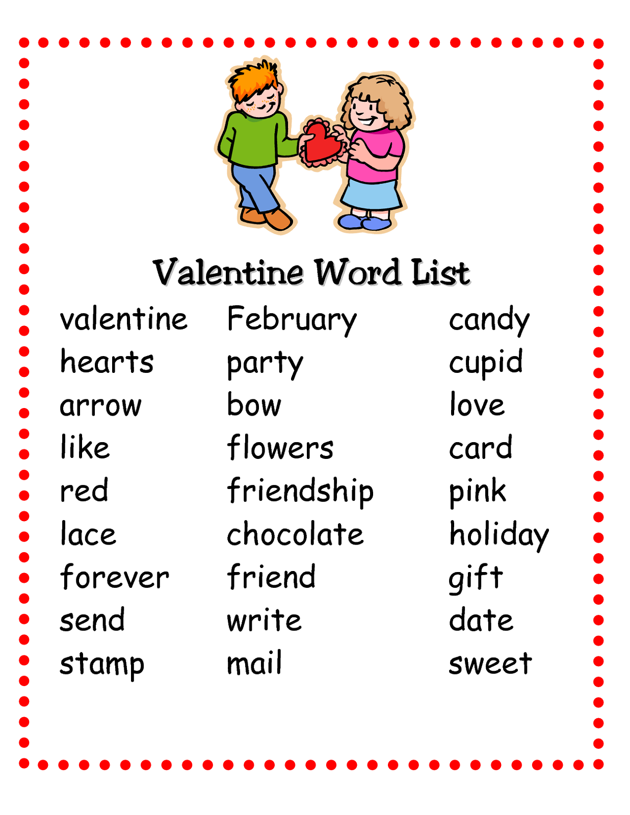 pictionary words for kids valentine theme