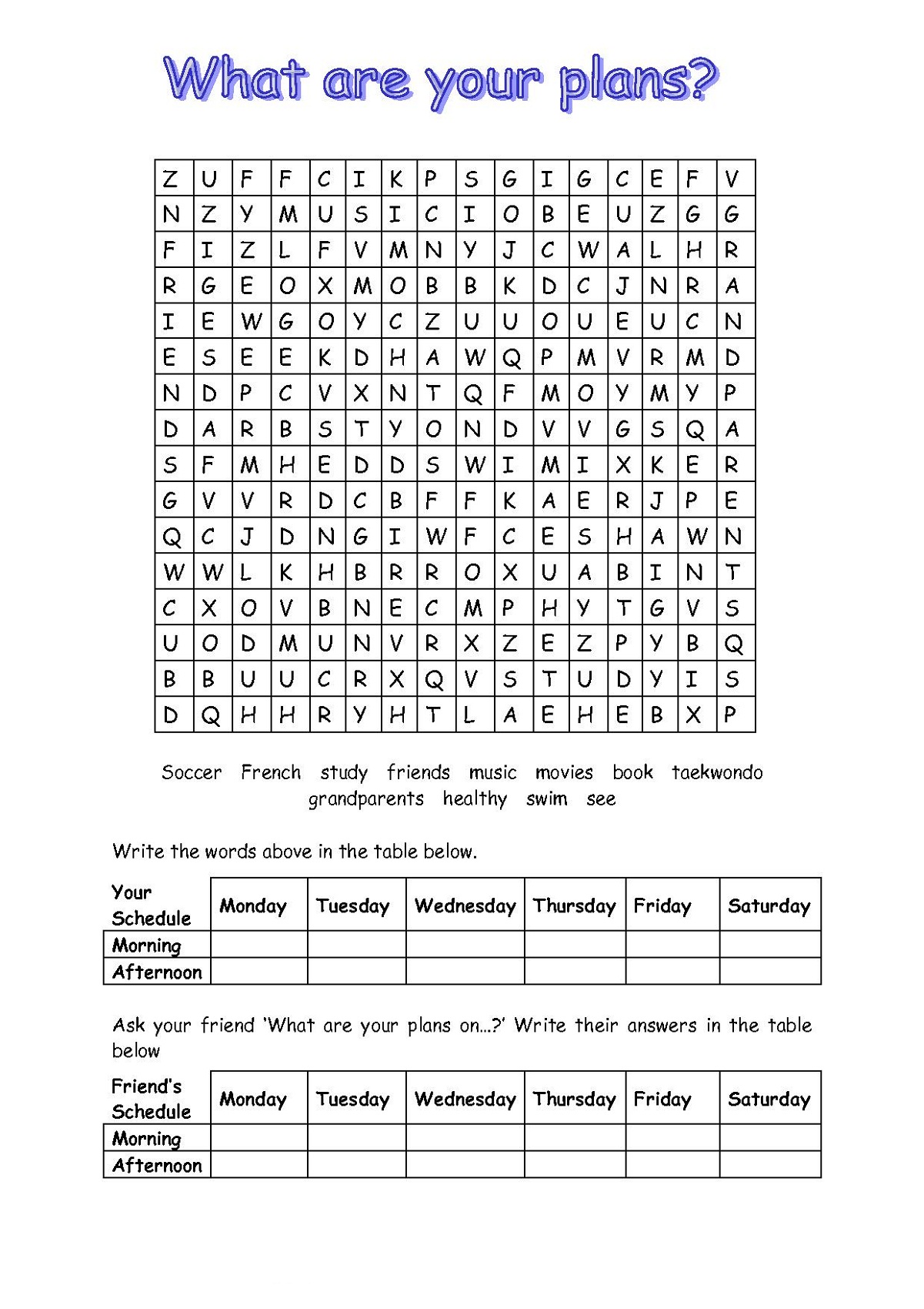 word search worksheet exam