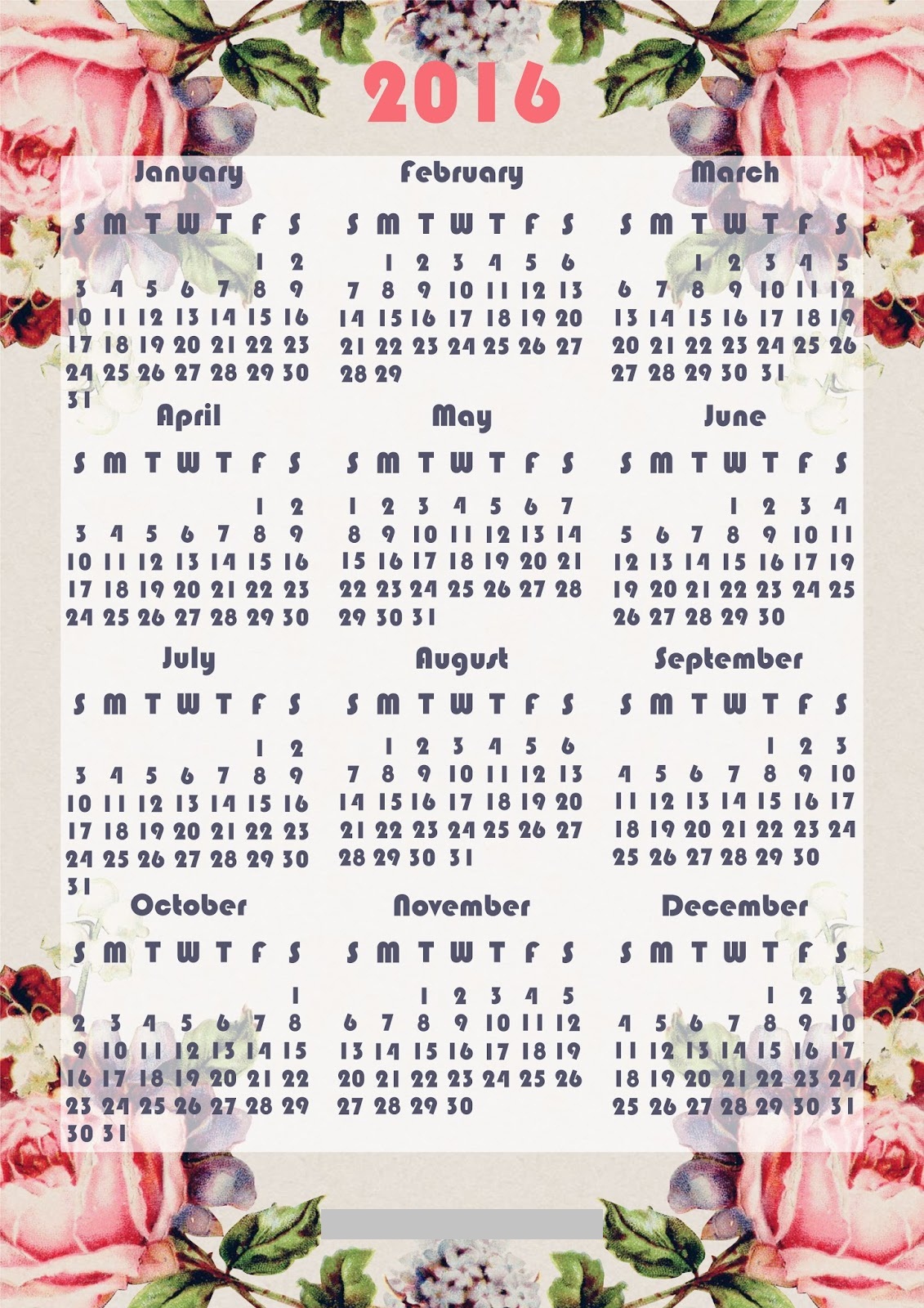 yearly calendar 2016 printable flower