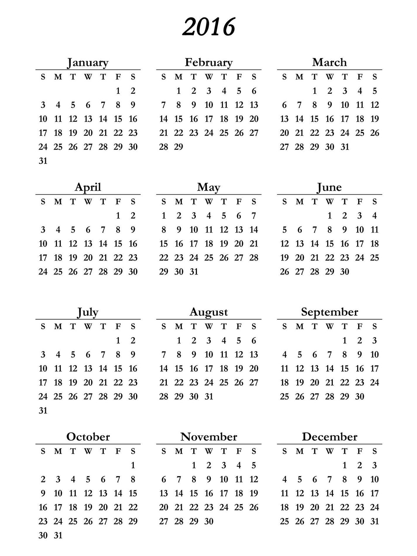 Yearly Calendar By Week 2016