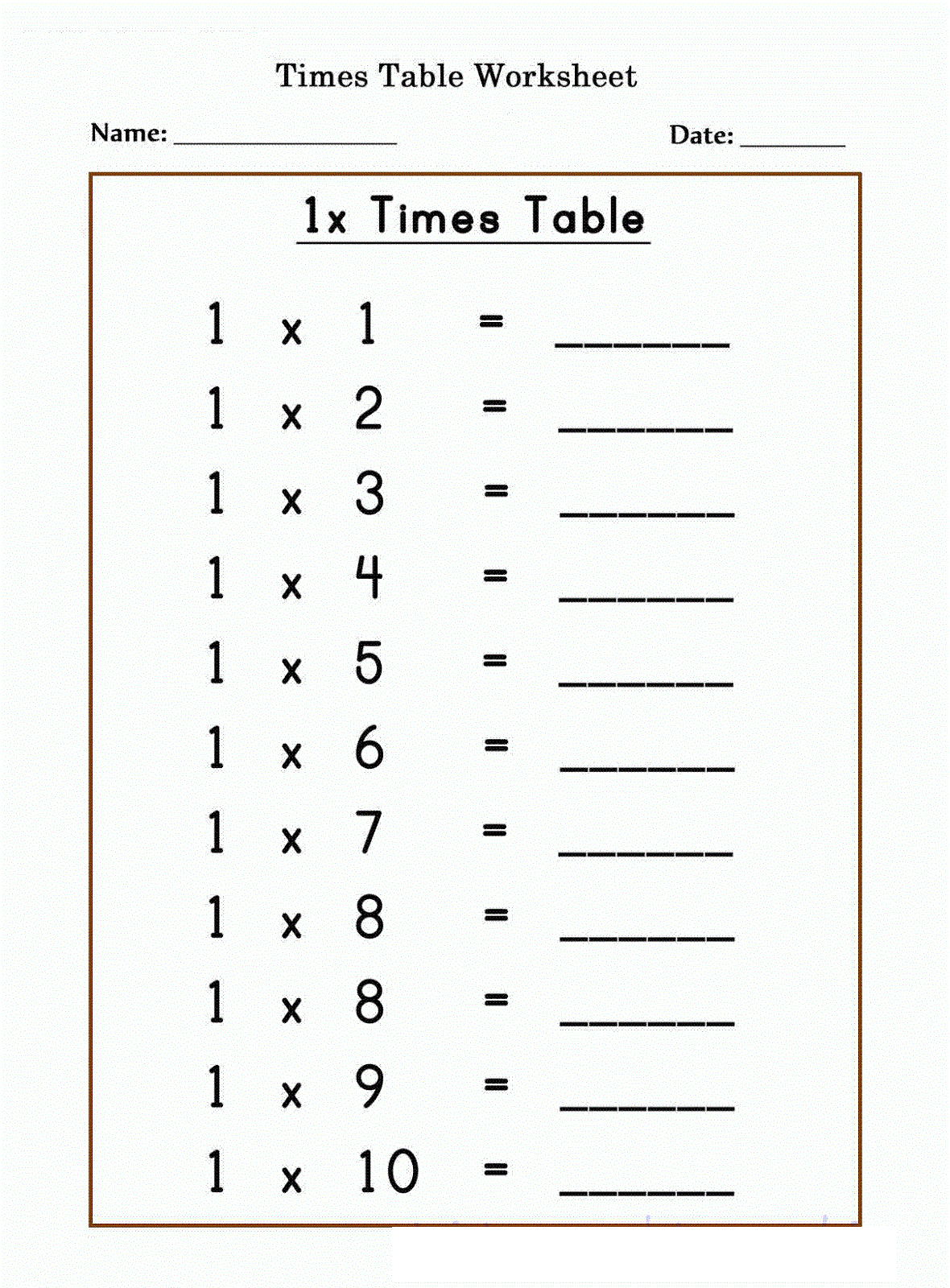 1 times tables worksheet for kids