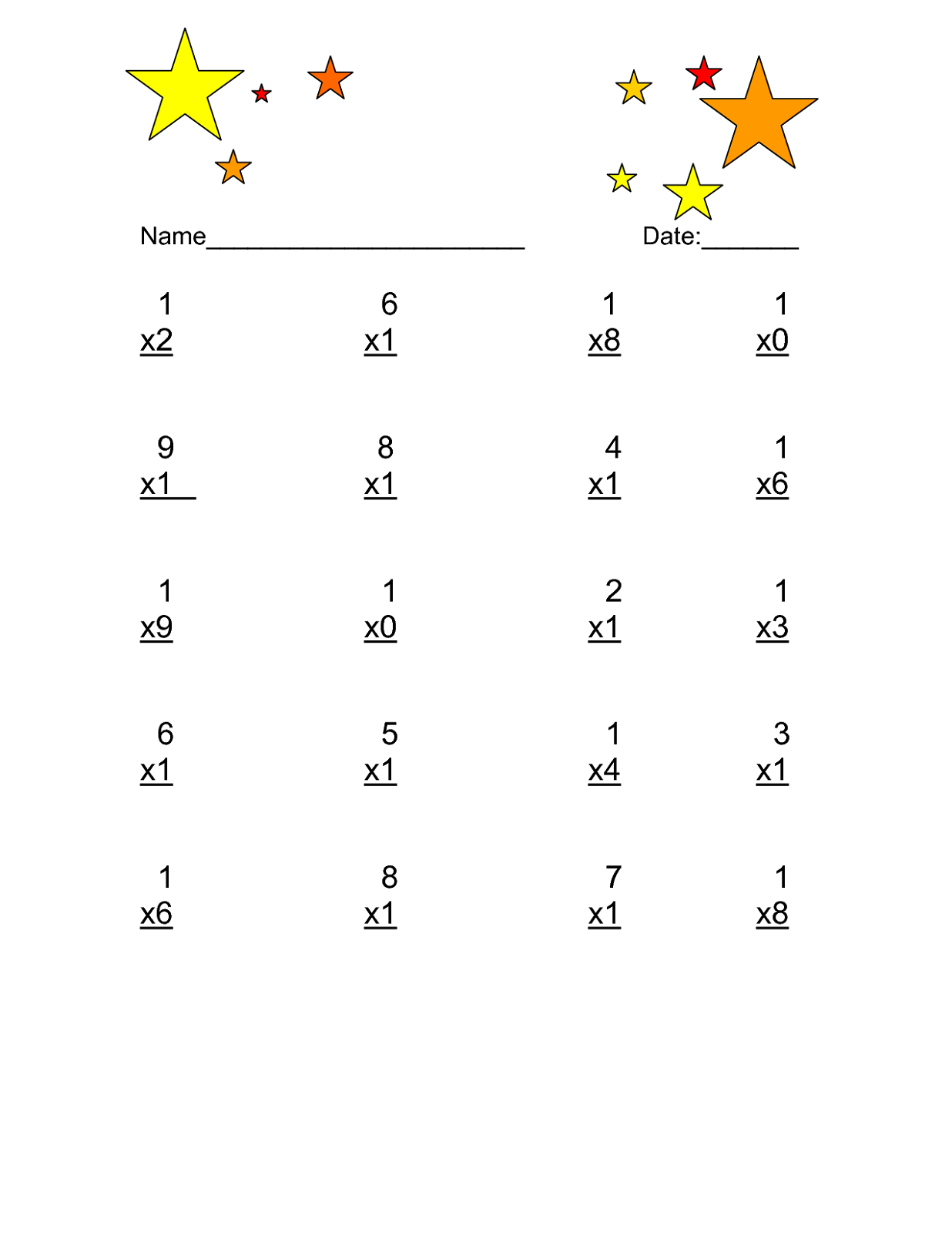 1 times tables worksheet for kindergarten