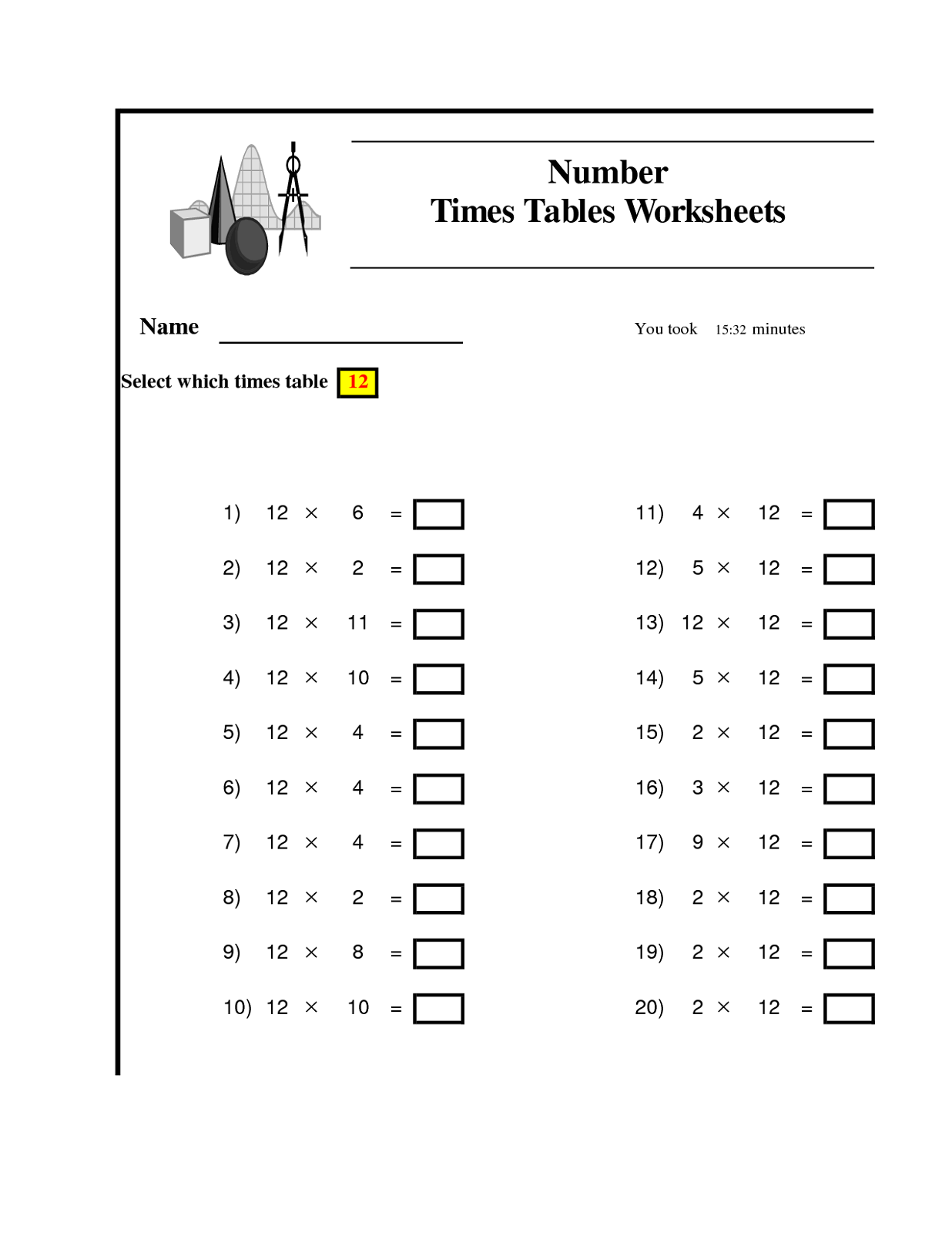  12 Times Tables Worksheets Activity Shelter