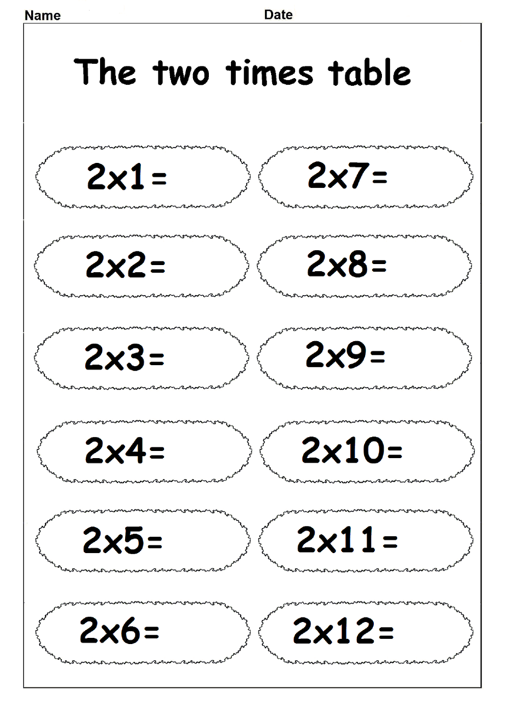 2 times table worksheet exercise