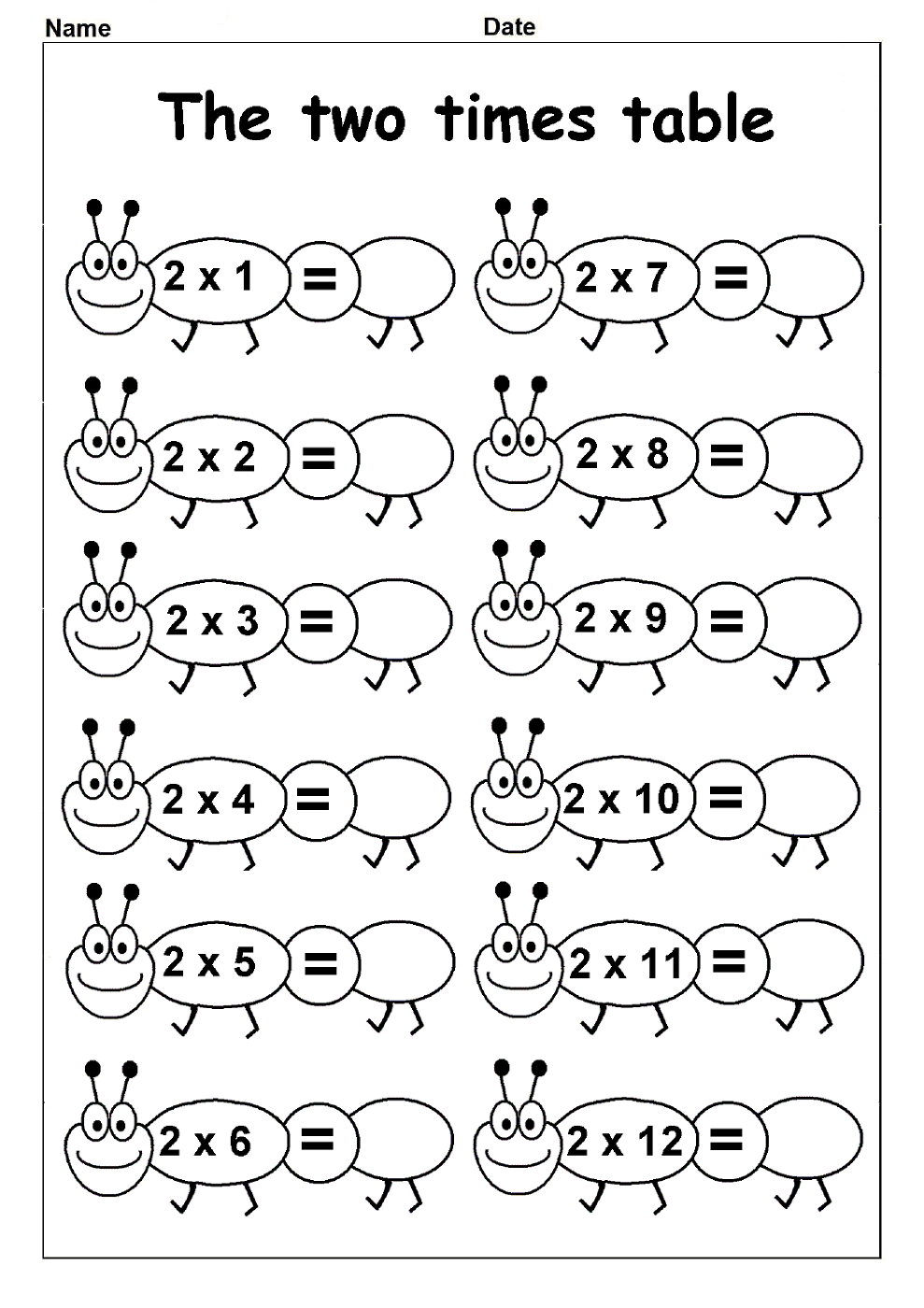 2 times table worksheet with pictures