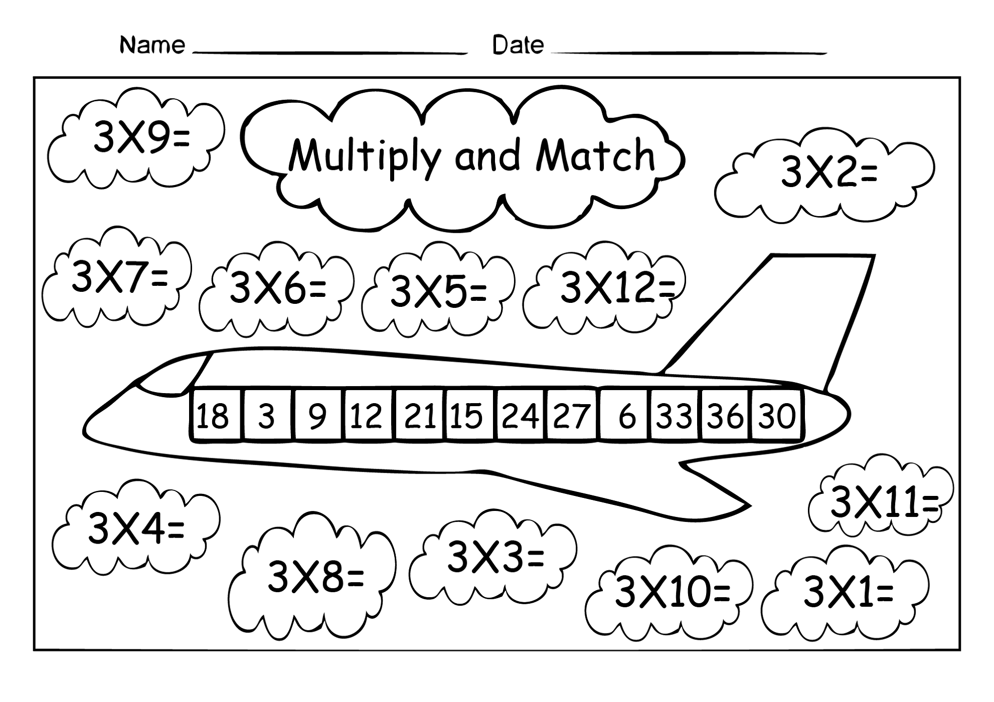 3 times tables worksheets matching