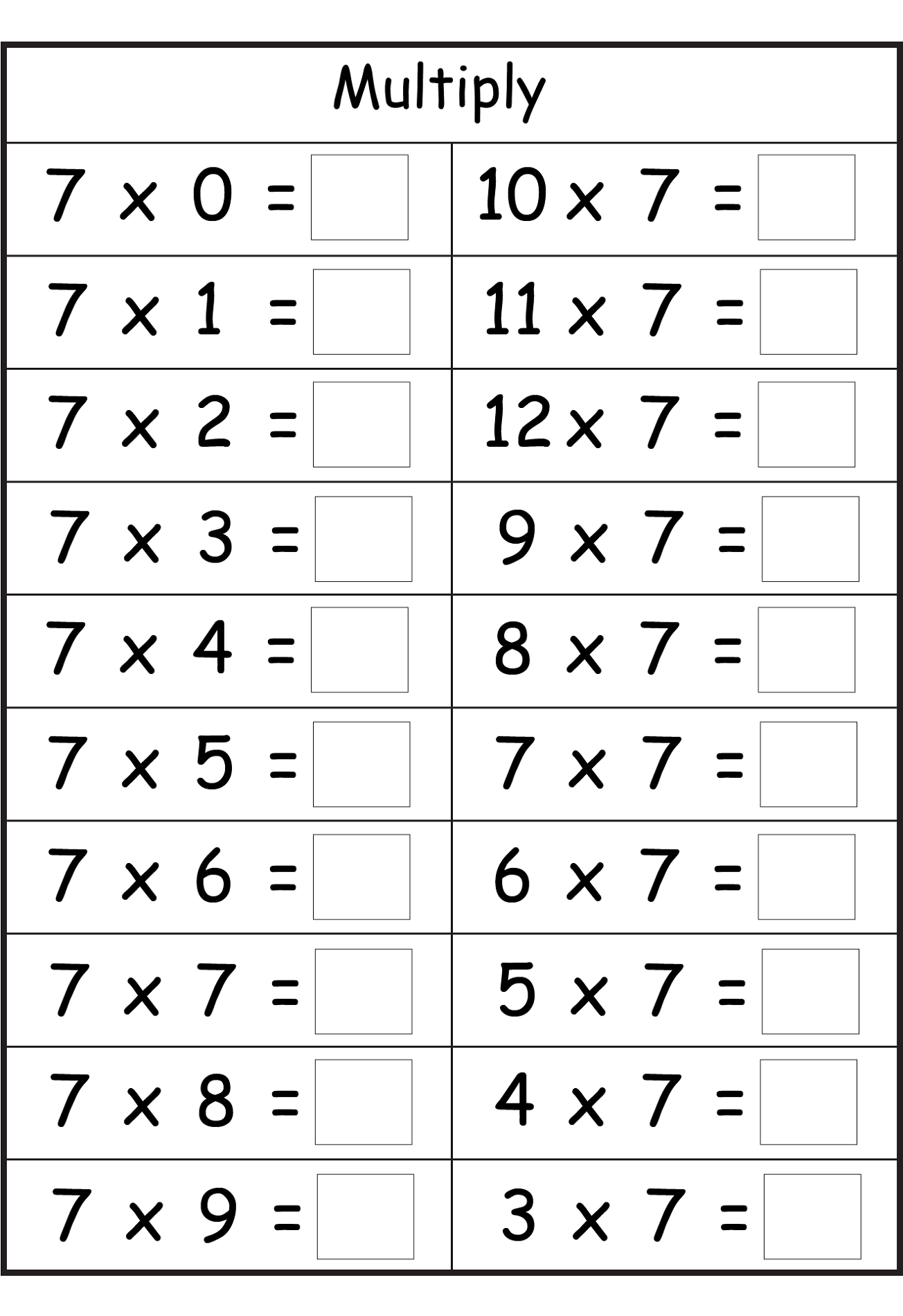 7 times table worksheet counting