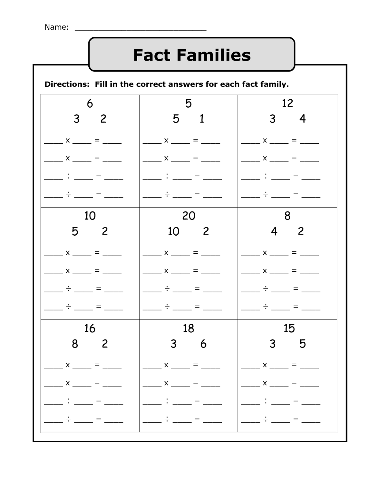 Multiplication Sentences With Fact Family Worksheets