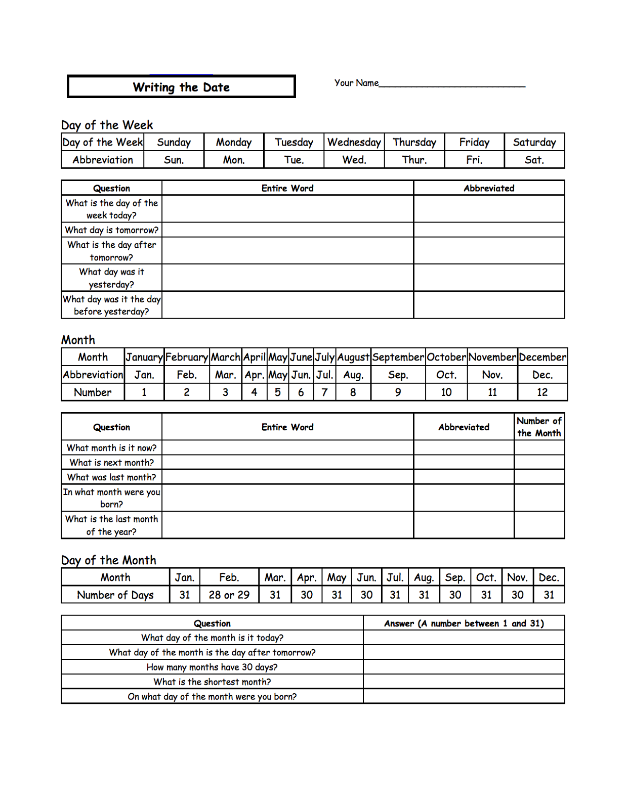 days of the week activities exercise