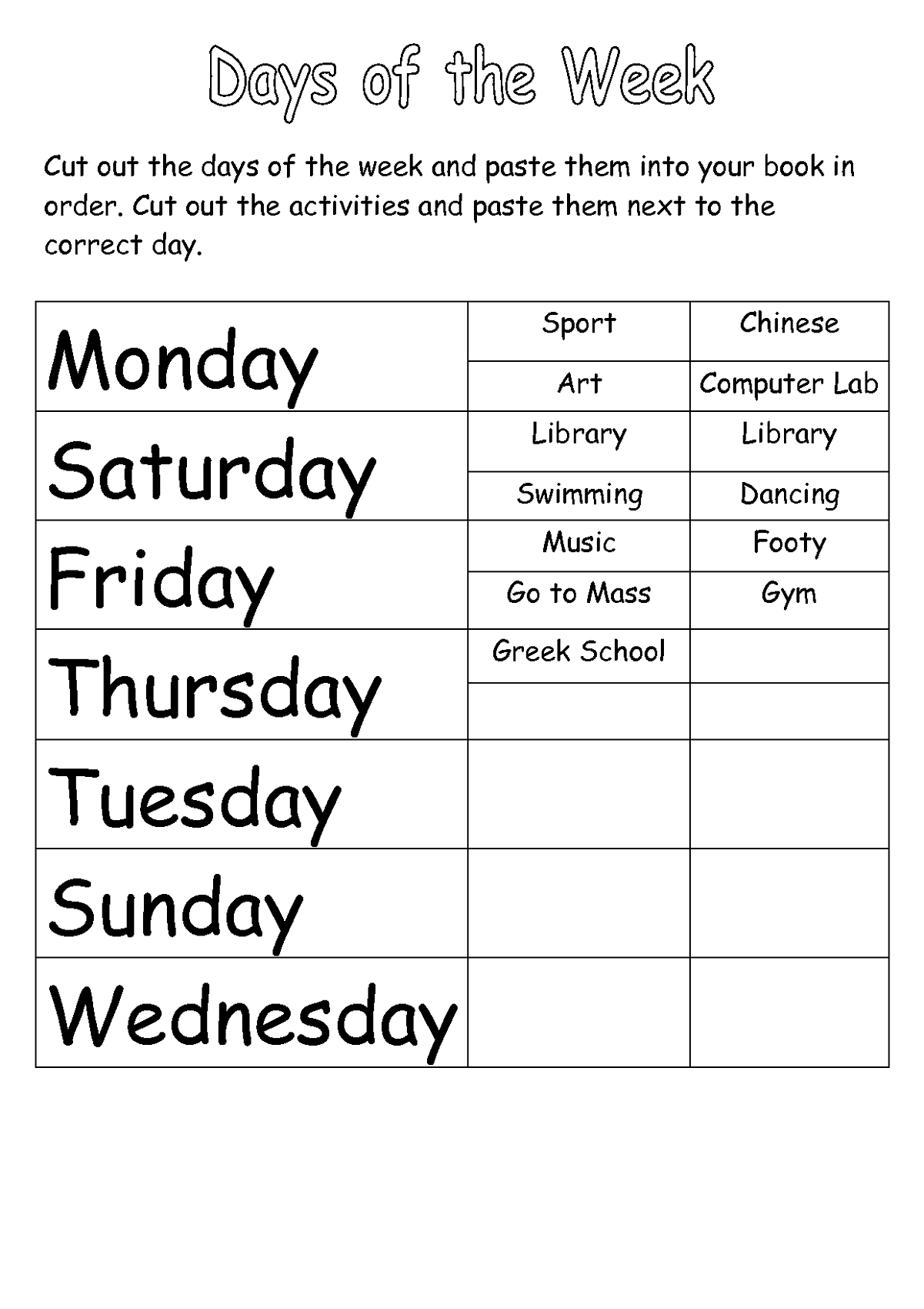 days of the week activities for kids
