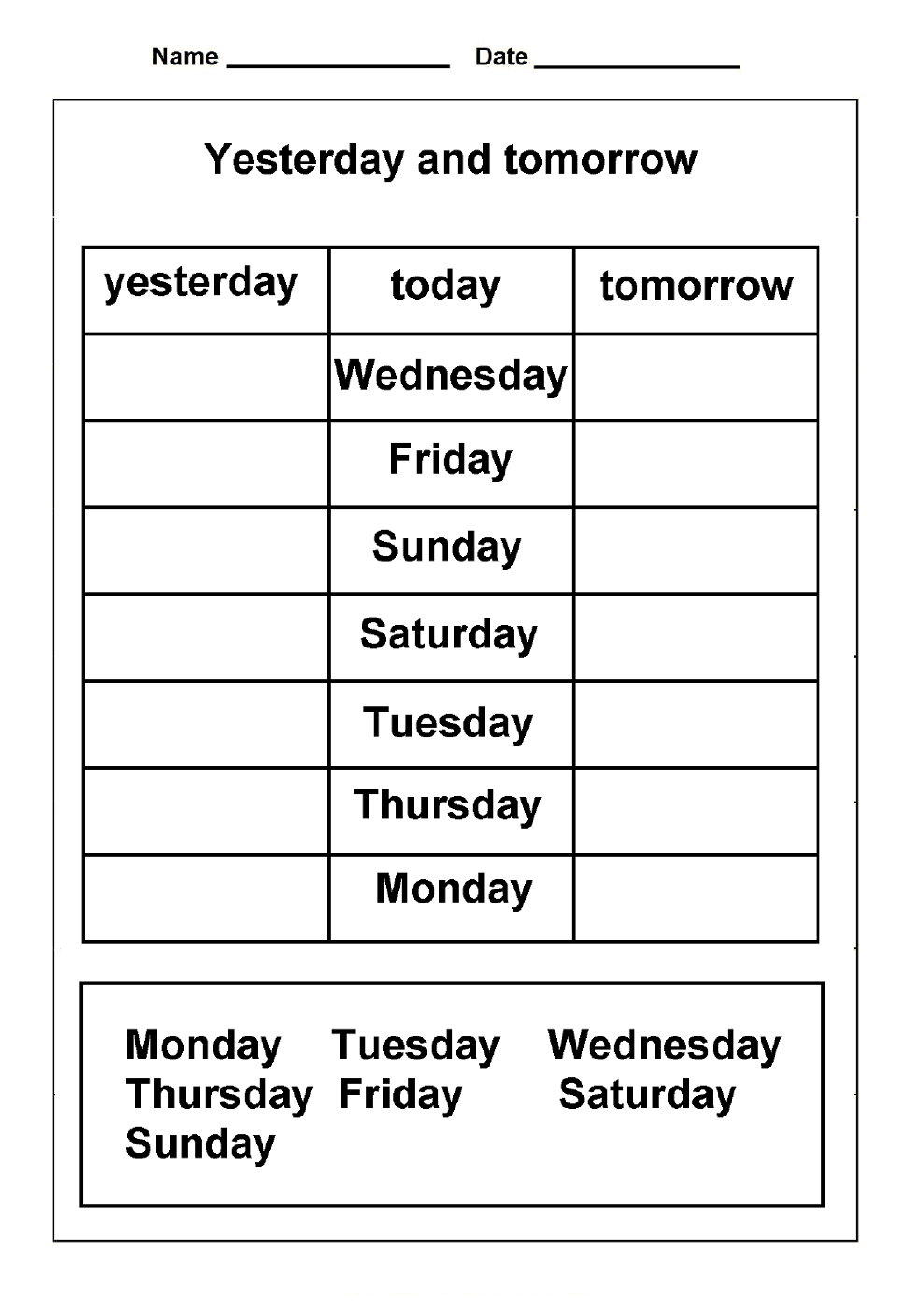 days of the week activities names