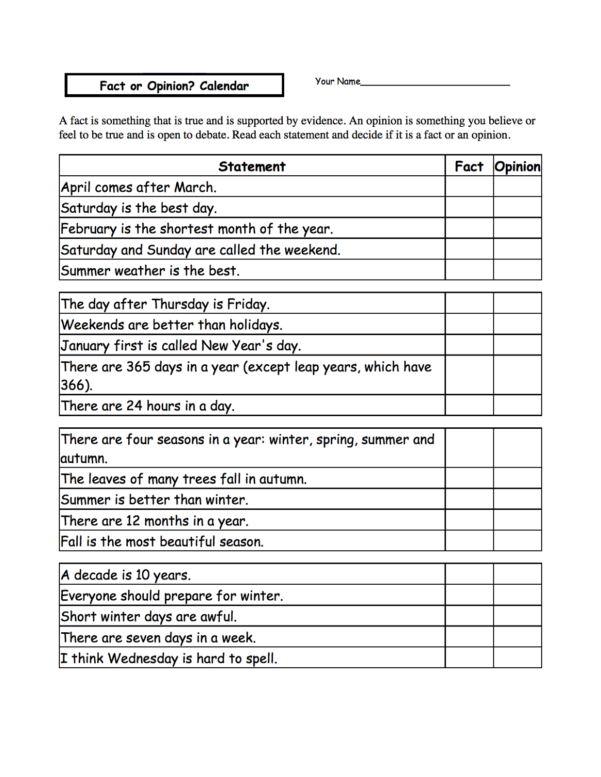 days of the week activities statements