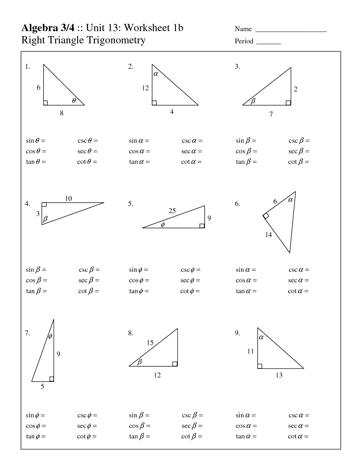 fact triangles worksheet trigonometry