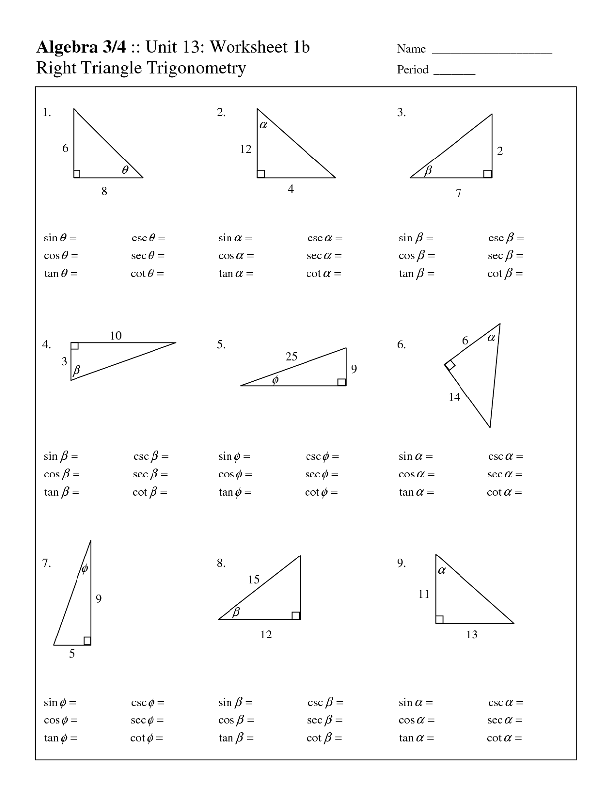 Right Triangle Trigonometry Worksheet With Answers Pdf