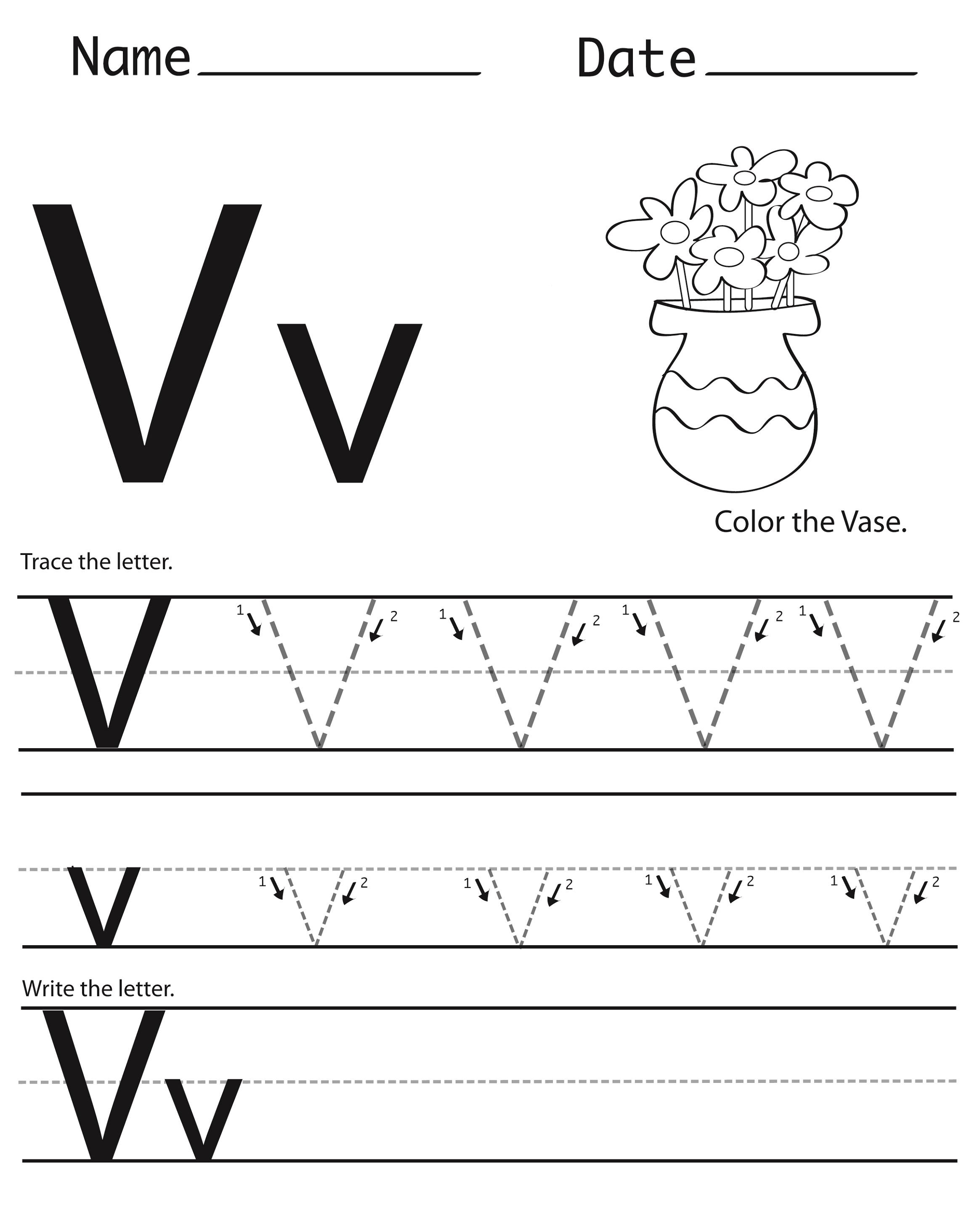 letter v worksheets vas