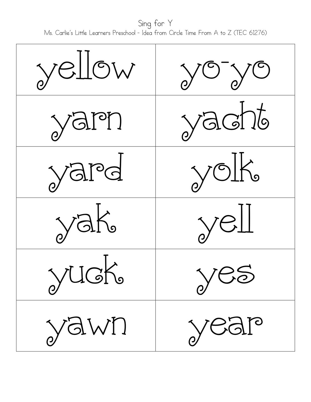 letter y worksheet words