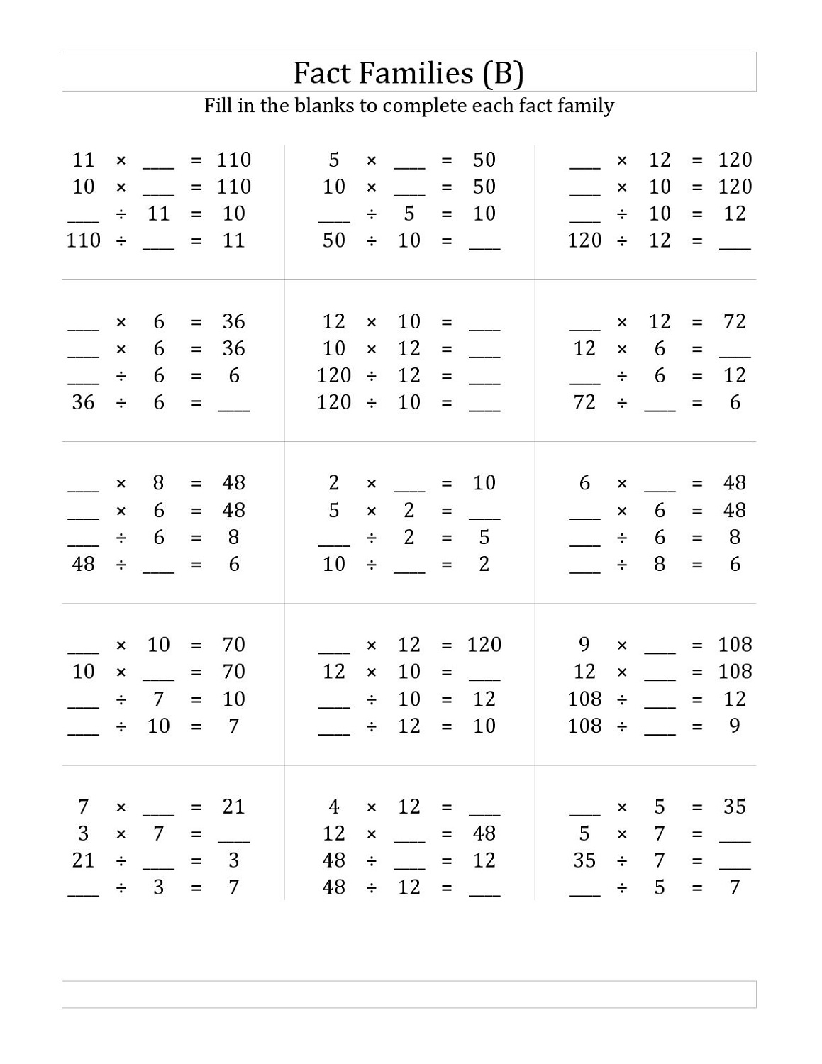 math worksheets fact families exam