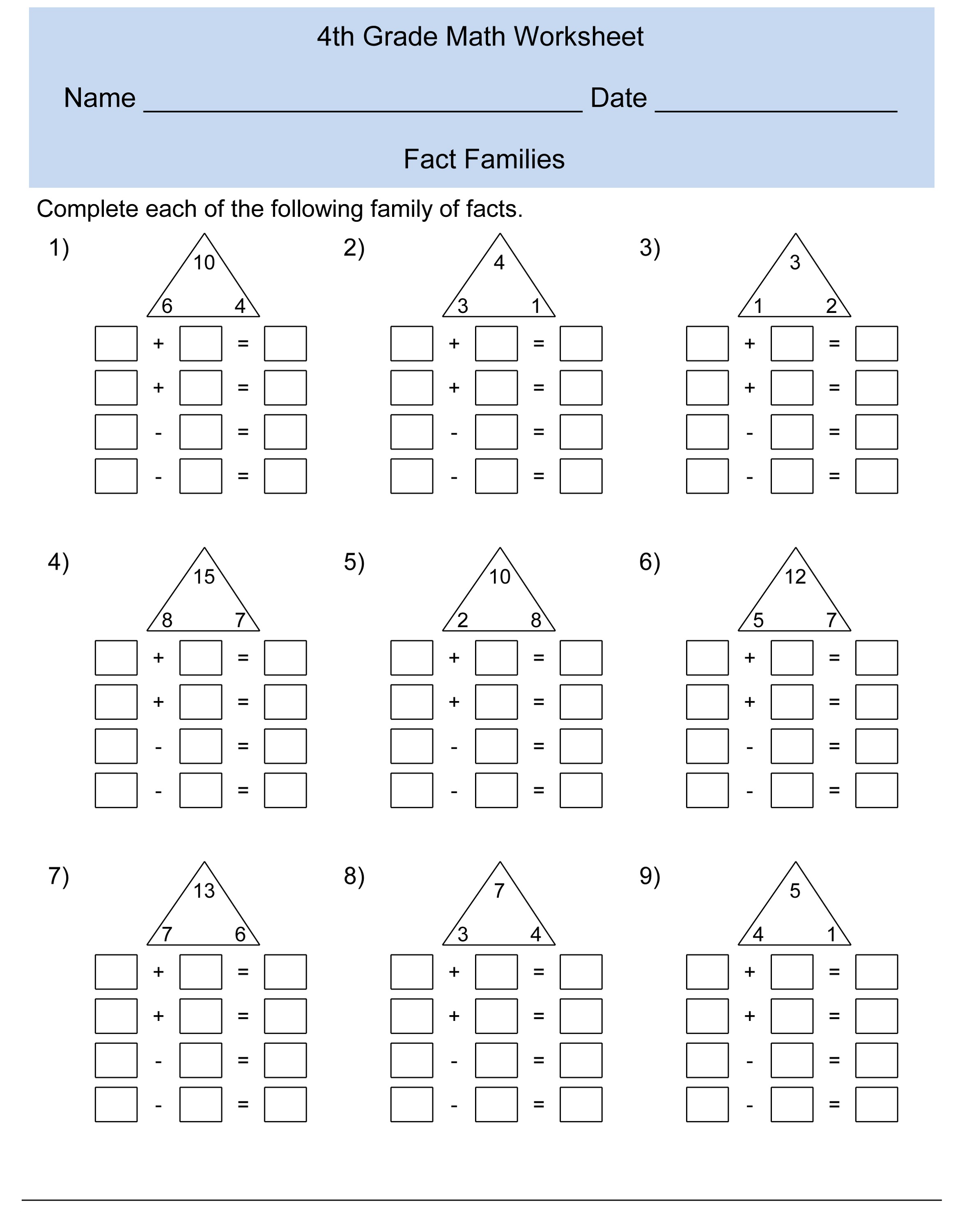 math worksheets fact families to learn