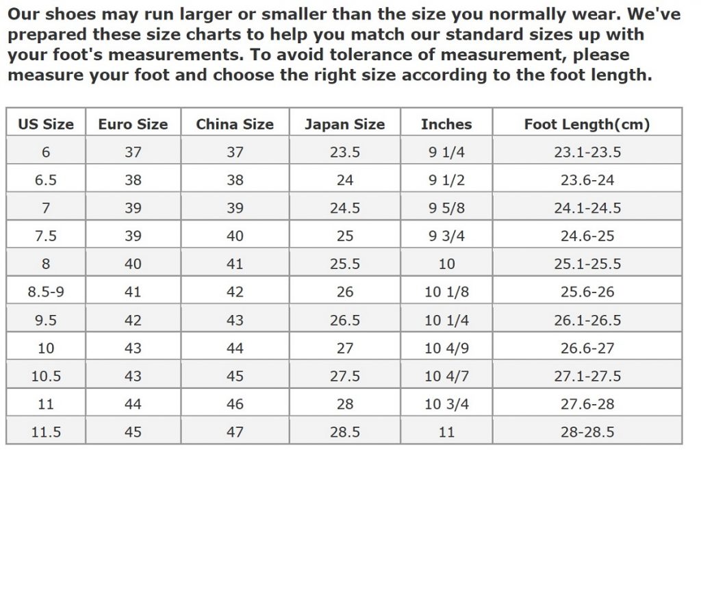 Men Shoe Size Charts | Activity Shelter