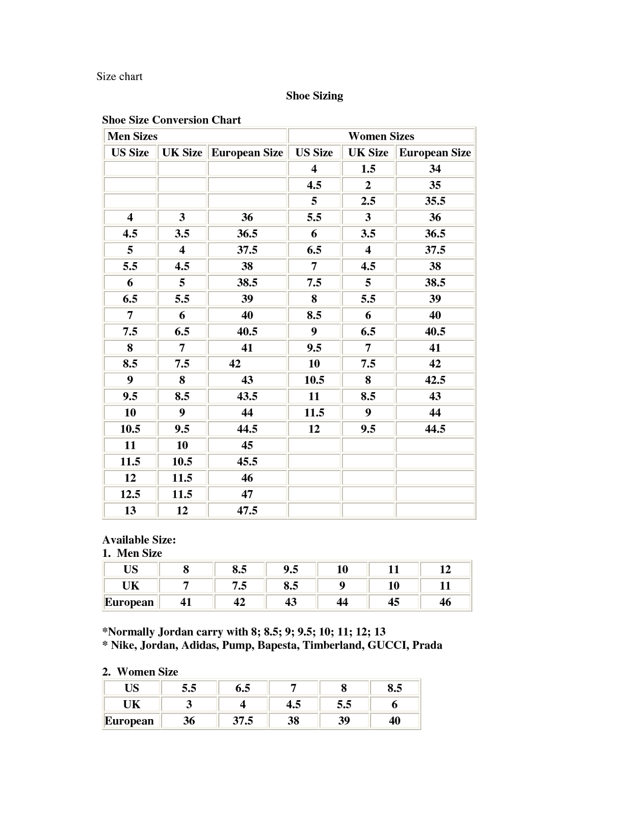 mens shoe size chart simple