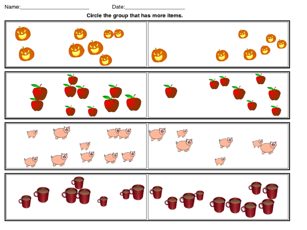 more less worksheets circle