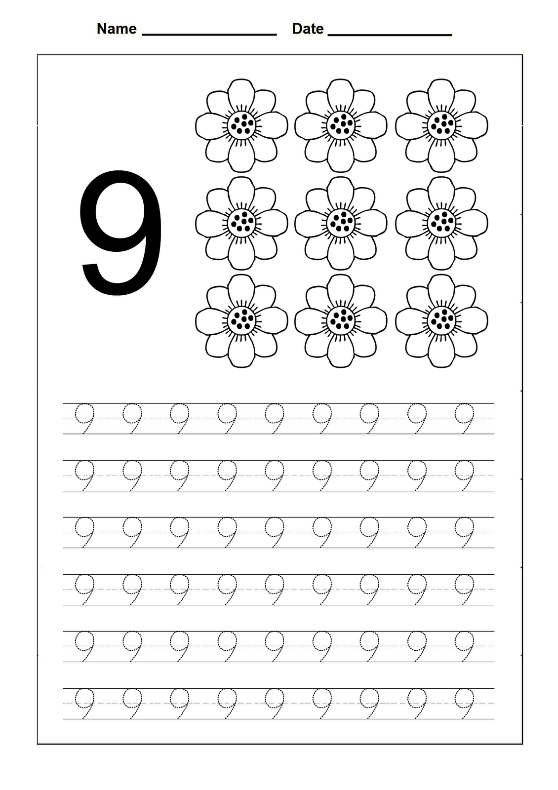 Numbers Tracing 9 Worksheet