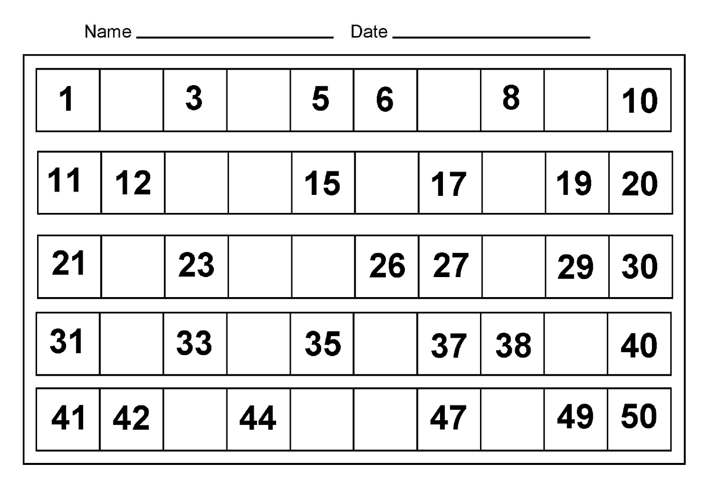 Number Charts 1 50 To Print Activity Shelter