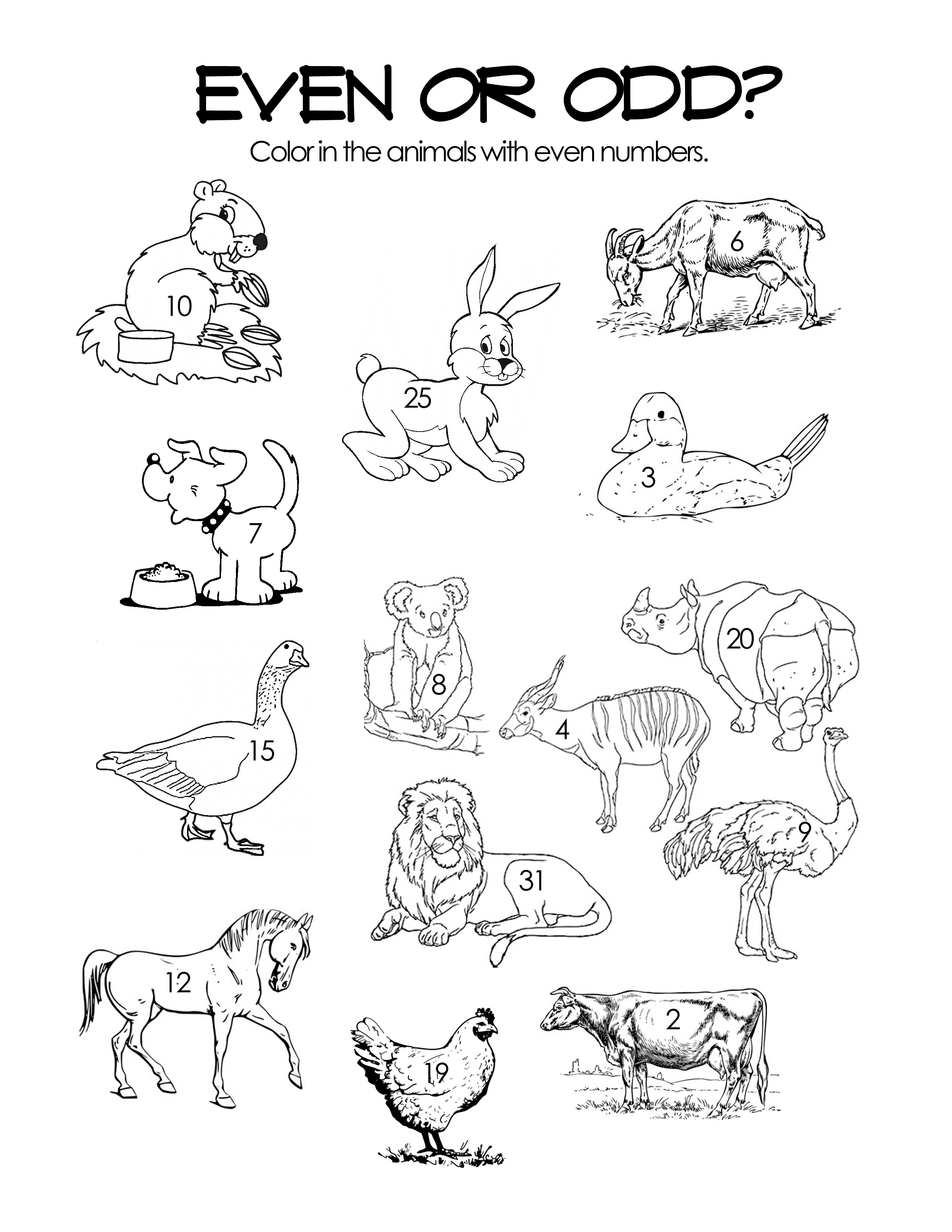odd and even number worksheets animals