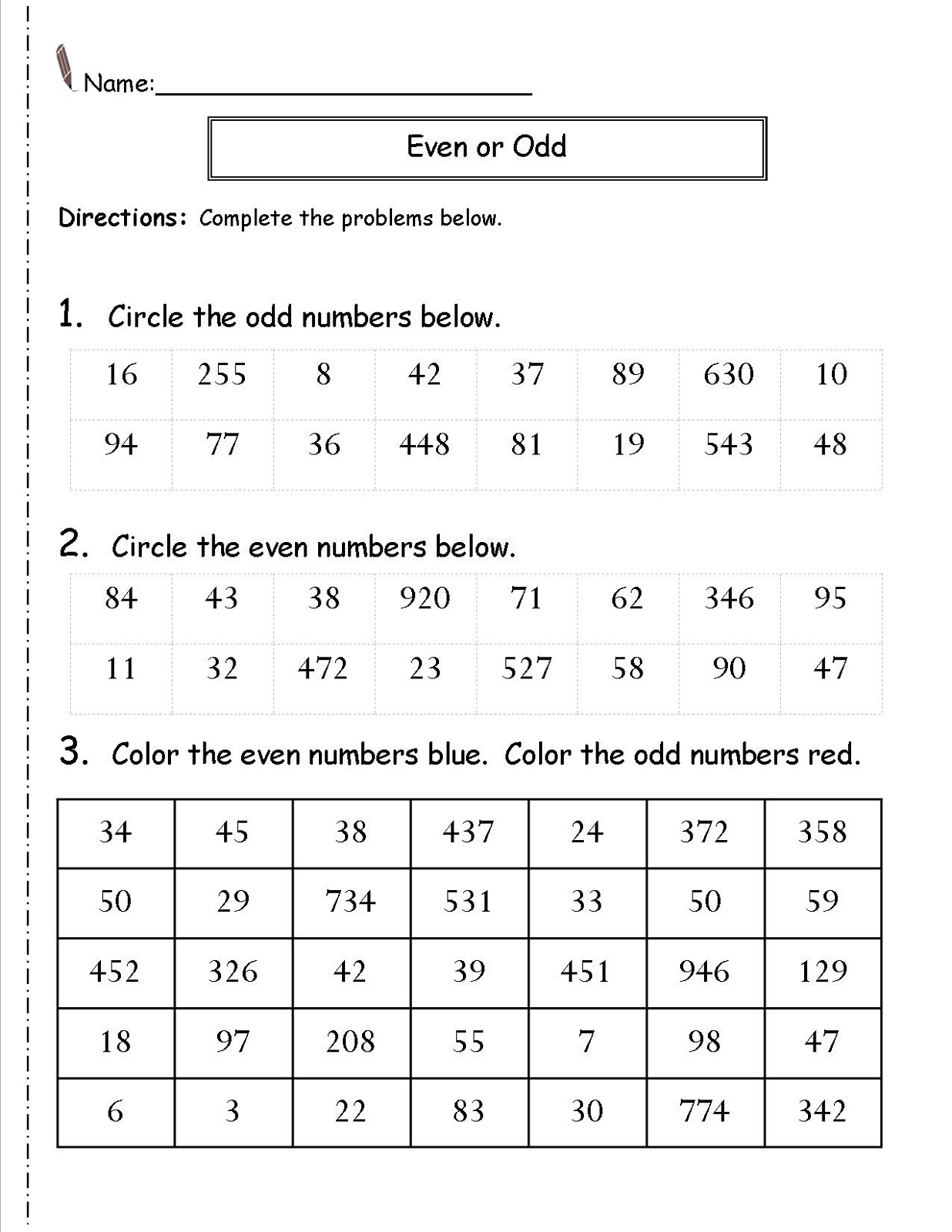 odd and even number worksheets printable