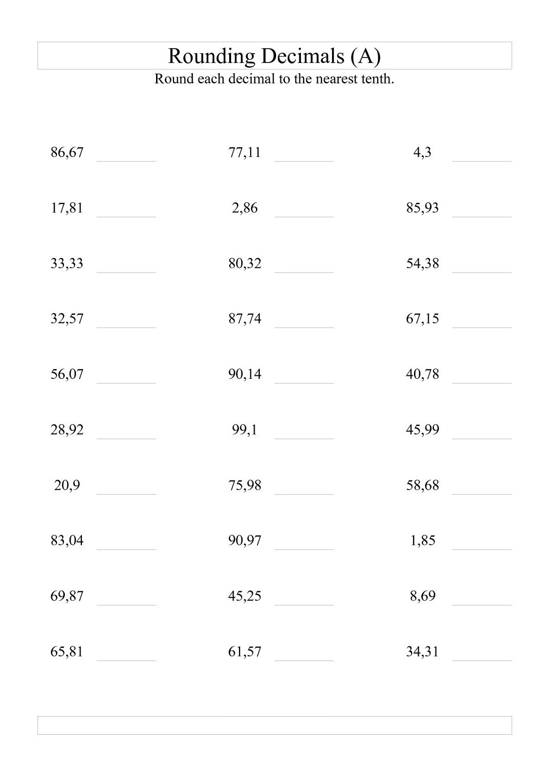 tenths and hundredths worksheets exercise